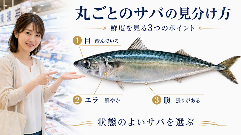 丸ごとのサバは目・エラ・腹の張りを見る