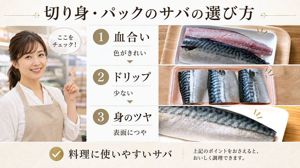 切り身やパックのサバは血合い・ドリップ・身のツヤを見る