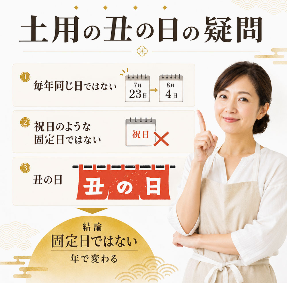 土用の丑の日は、毎年同じ日になる行事ではありません。カレンダー上の決まった祝日のように日付が固定されていません