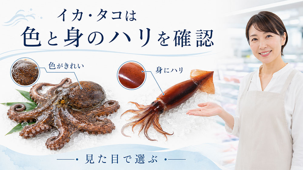イカ・タコは色と身のハリを確認する