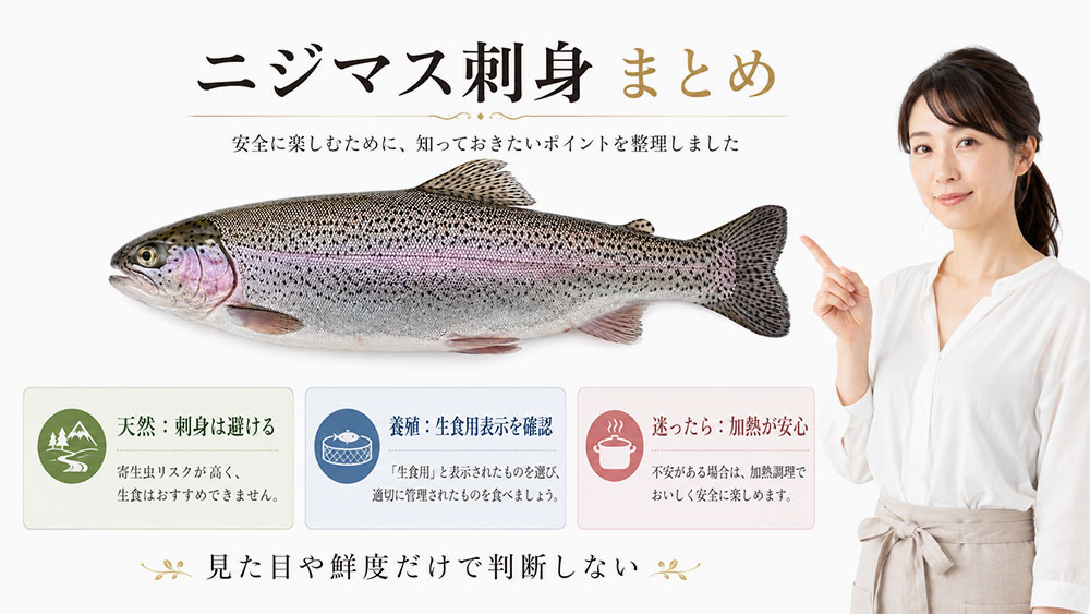 まとめ｜ニジマスの刺身は天然か養殖かより「生食用かどうか」で判断する