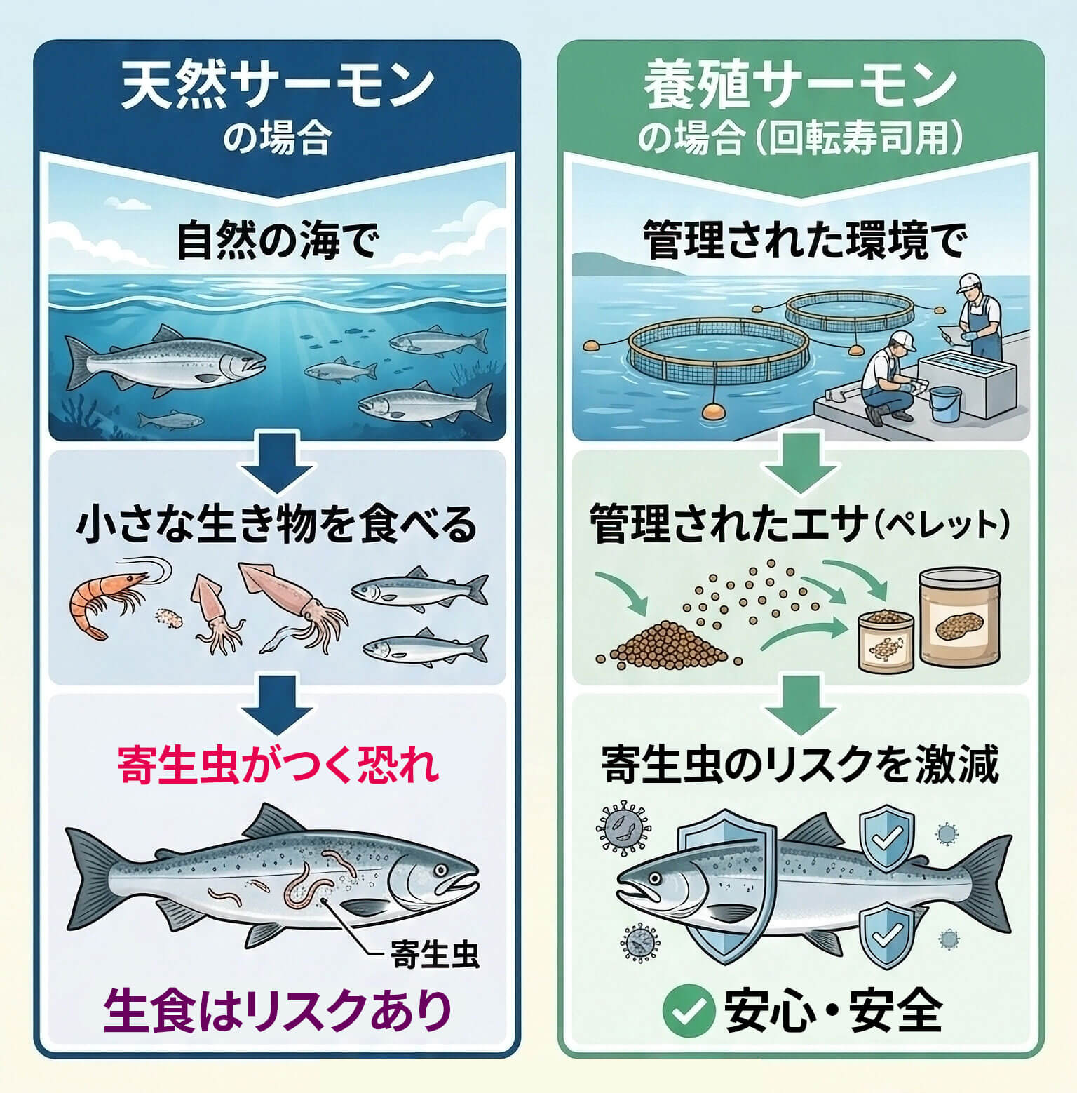 養殖サーモンは、管理された環境で育てられ、エサも管理されるため、寄生虫のリスクを抑えやすくなります。