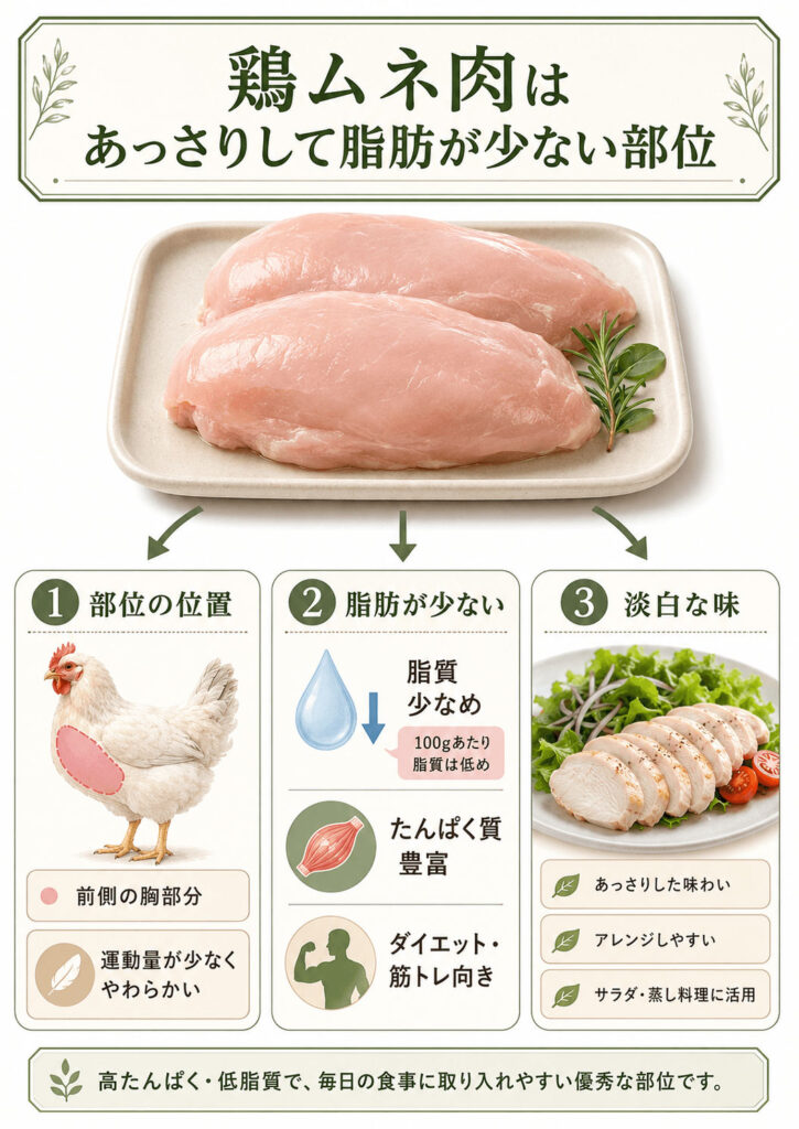 鶏ムネ肉はあっさりして脂肪が少ない部位