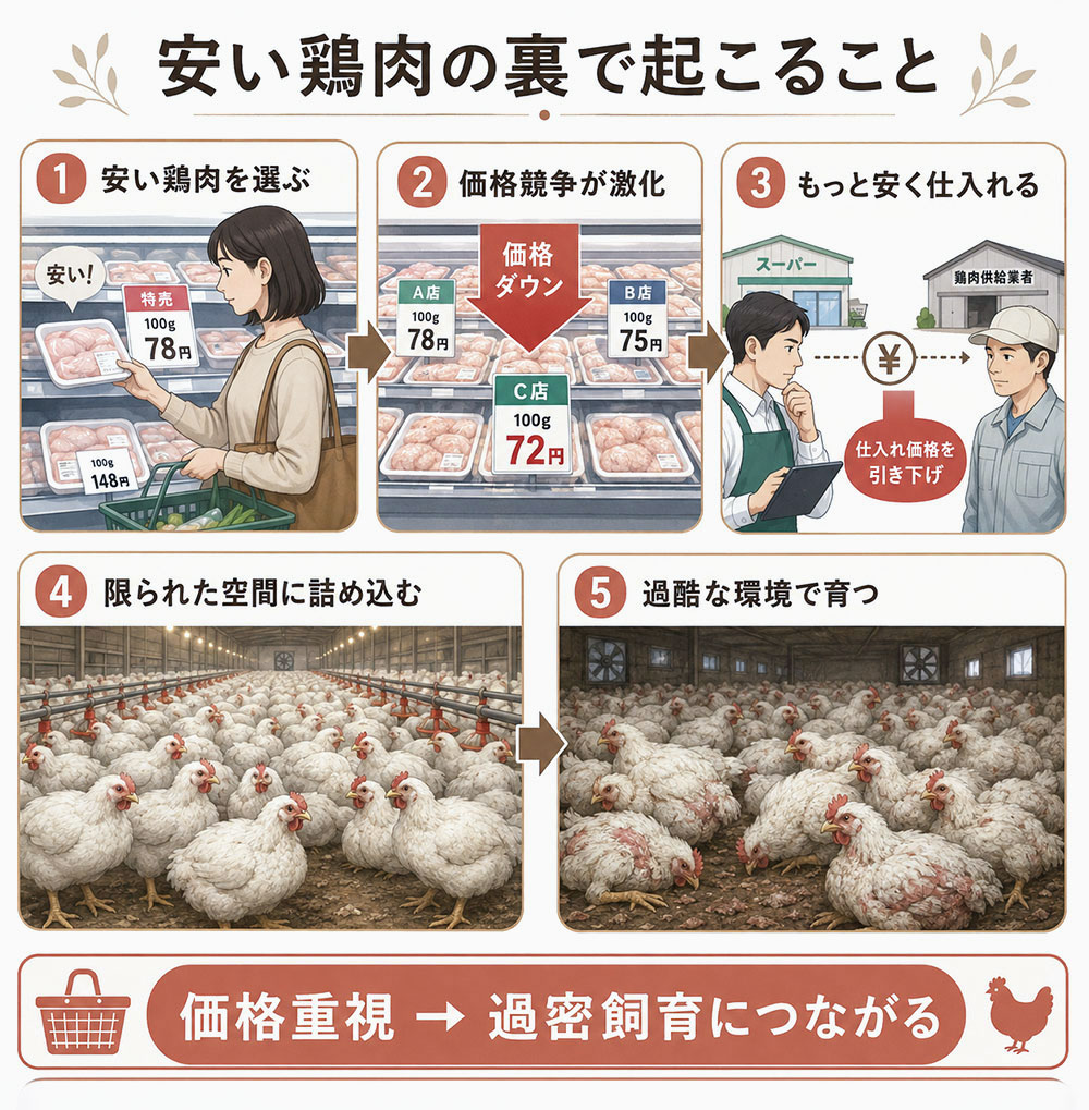 多くの人に安く鶏肉を届ける必要がある