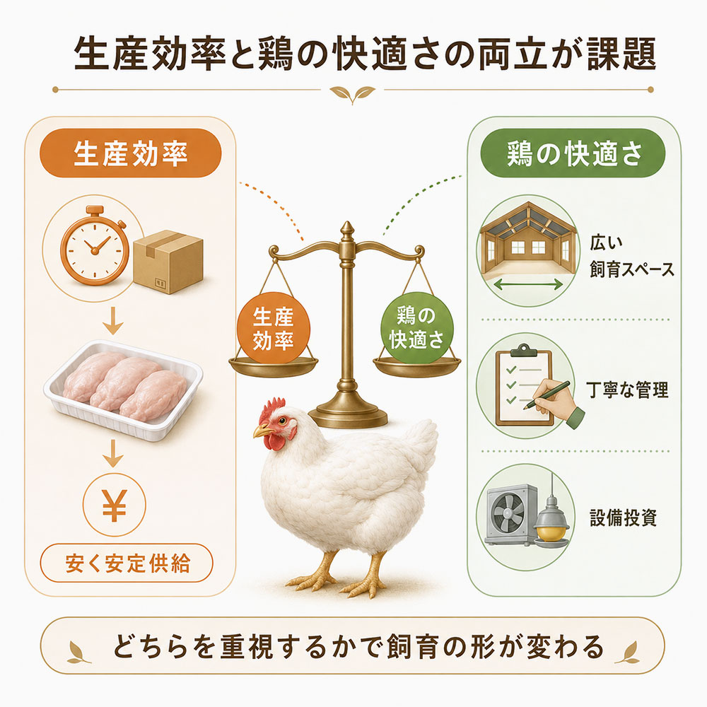 生産効率と鶏の快適さをどう両立するかが課題になる