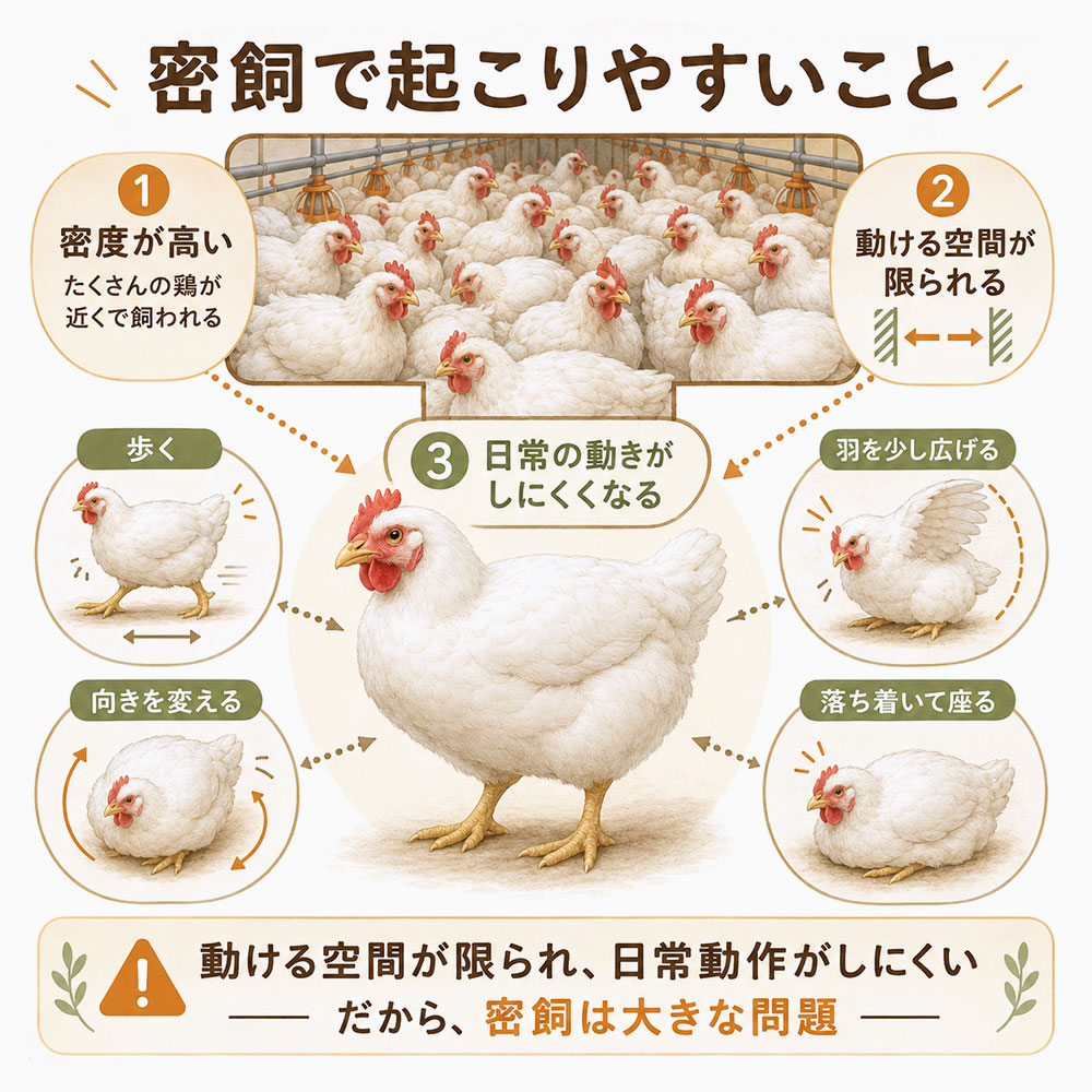 飼育密度が高いと動ける空間が限られる