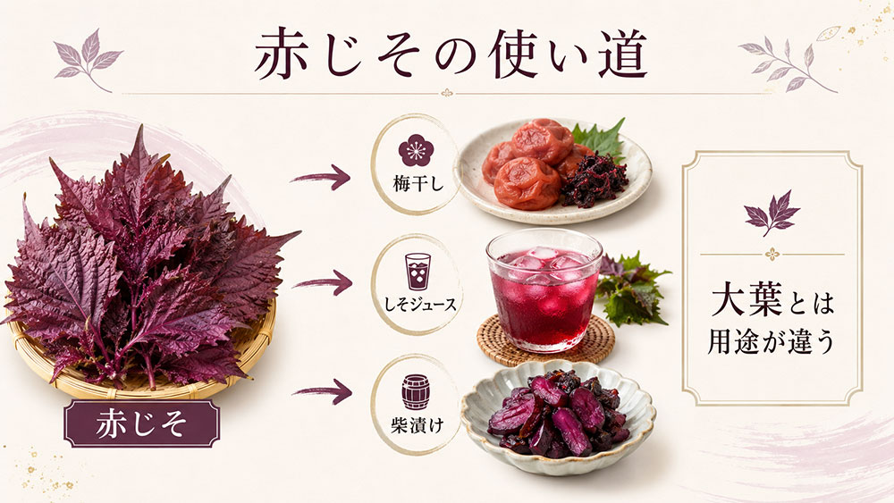 「赤じそ」は梅干しや色づけや加工向きで大葉とは用途が違う
