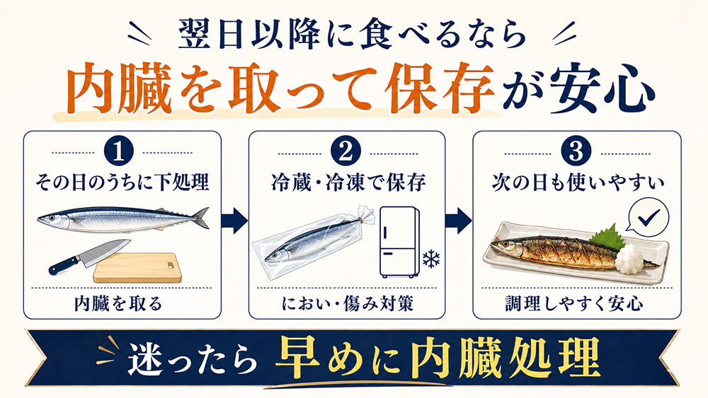 翌日以降に食べるなら、内臓を取って保存するほうが安心