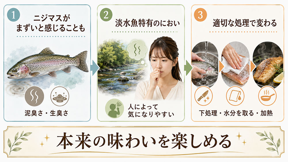 ニジマスの独特の臭みが「まずい」と感じる