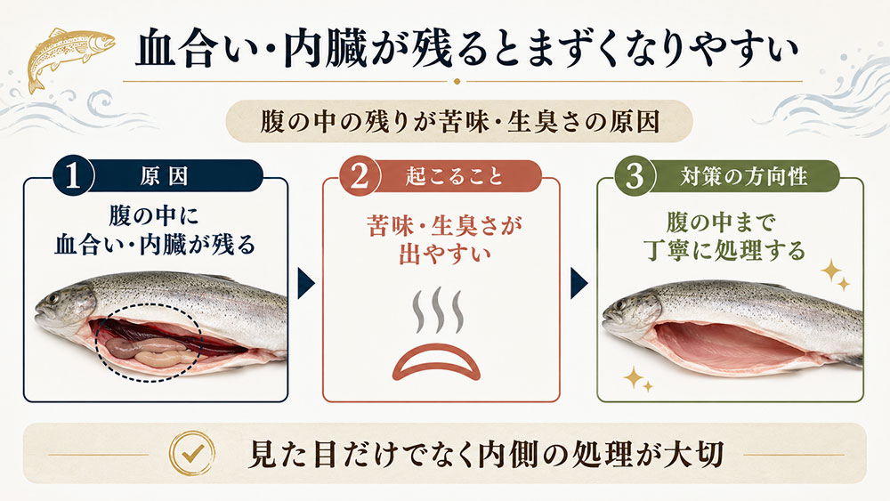 血合いや内臓の処理が不十分だと苦味や生臭さが残る