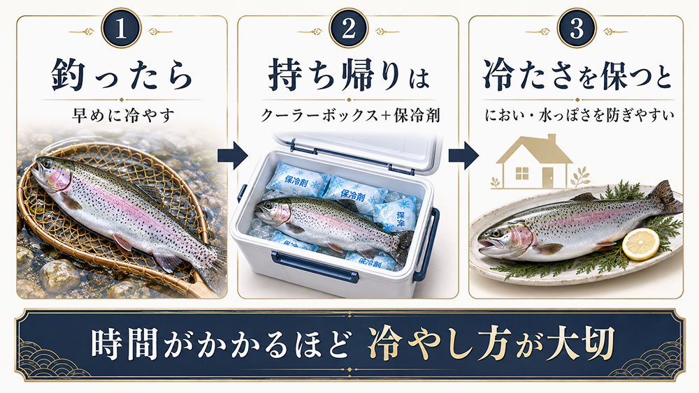 釣ったニジマスは持ち帰るまでの冷やし方に注意する