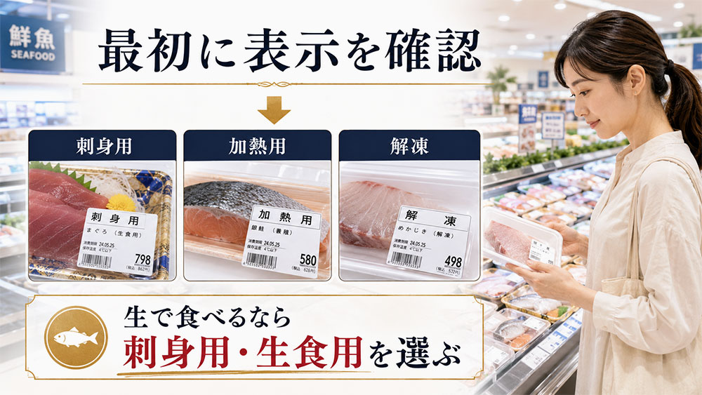 「刺身用」「加熱用」「解凍」の表示を確認する