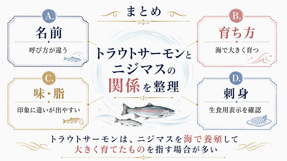 まとめ|トラウトサーモンは海で育てたニジマスと考えるとわかりやすい