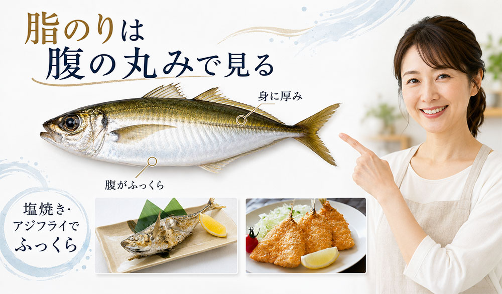 脂のりは腹の丸みと身の厚みで見る