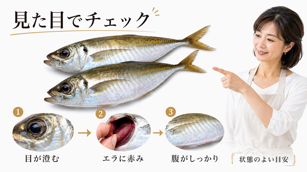 丸ごとのアジは目・エラ・腹・ツヤを見る