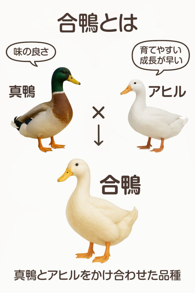 合鴨とは、野生の真鴨と家畜化されたアヒルをかけ合わせて生まれた、人為的に作られた飼育用の品種です