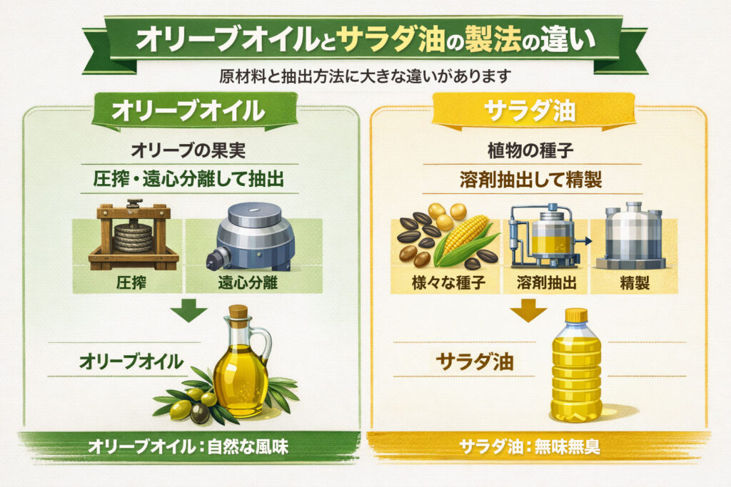 オリーブオイルとサラダ油の製法の違い
