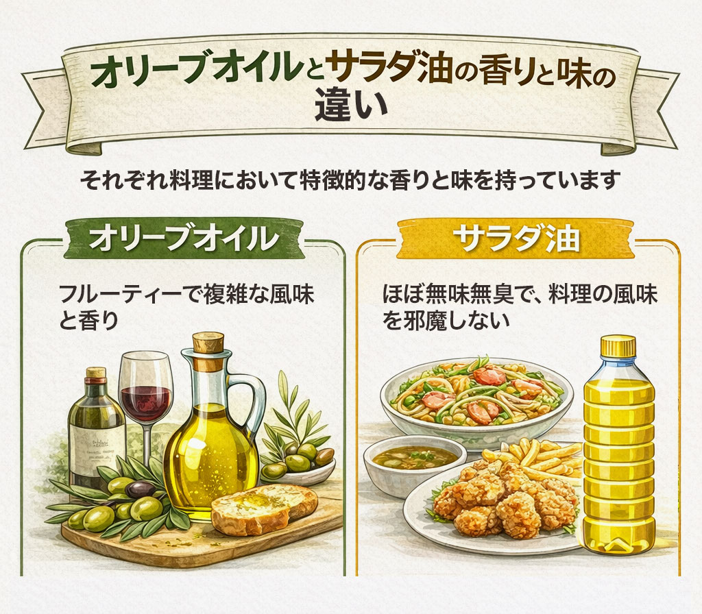 オリーブオイルとサラダ油の香りと味の違い