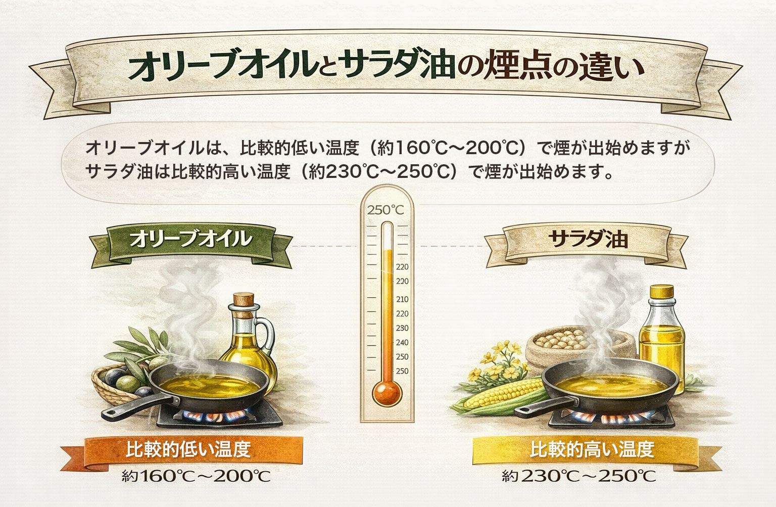 オリーブオイルとサラダ油の煙点の違い