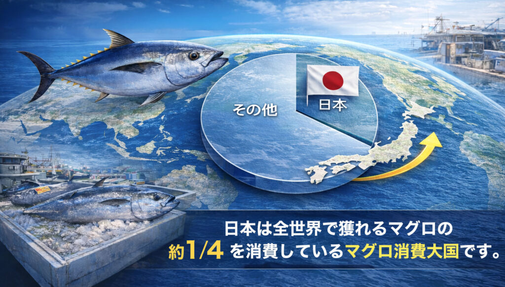 日本はマグロ消費大国で、全世界で獲れるマグロの約1/4を消費しています。