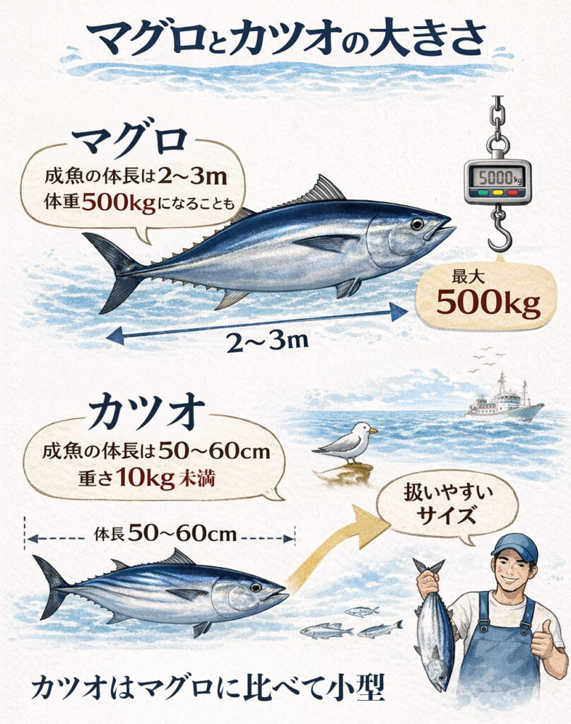 カツオとマグロのサイズ感や体型の比較