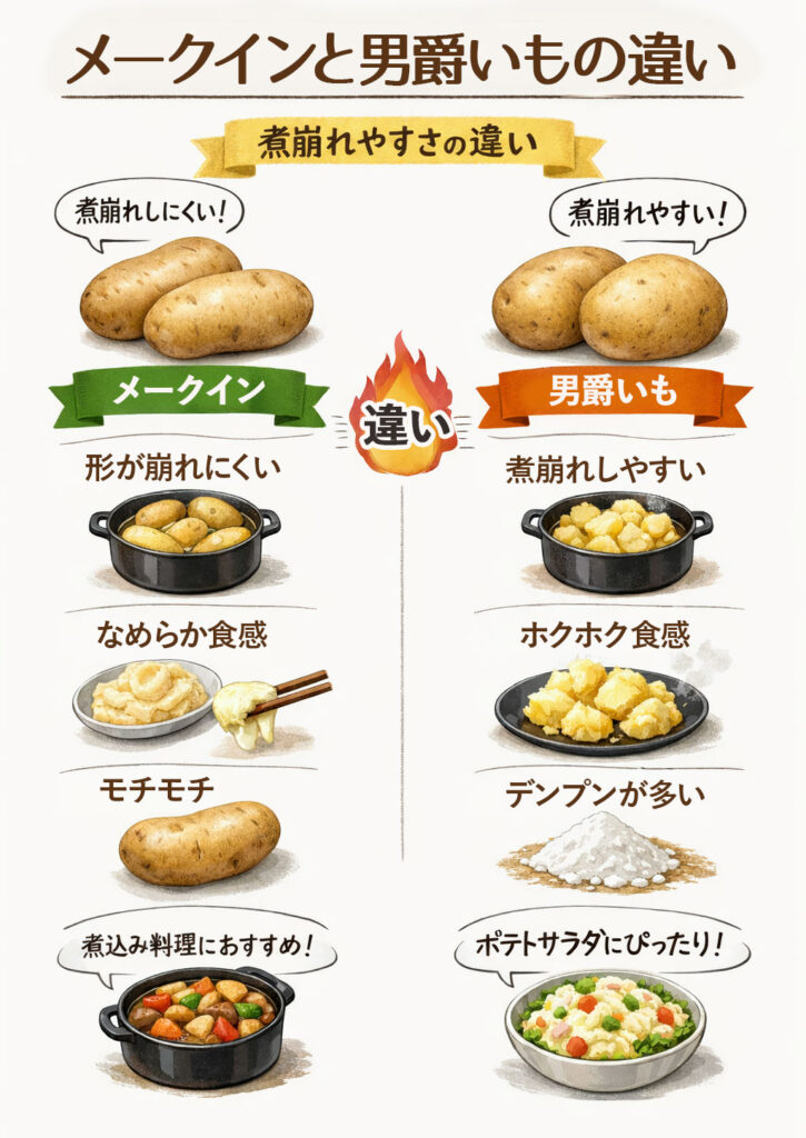 メークインと男爵いもの一番大きな違いは、「煮崩れやすさ」です。男爵いもは煮崩れやすく、メークインは煮崩れしにくい性質を持っています。