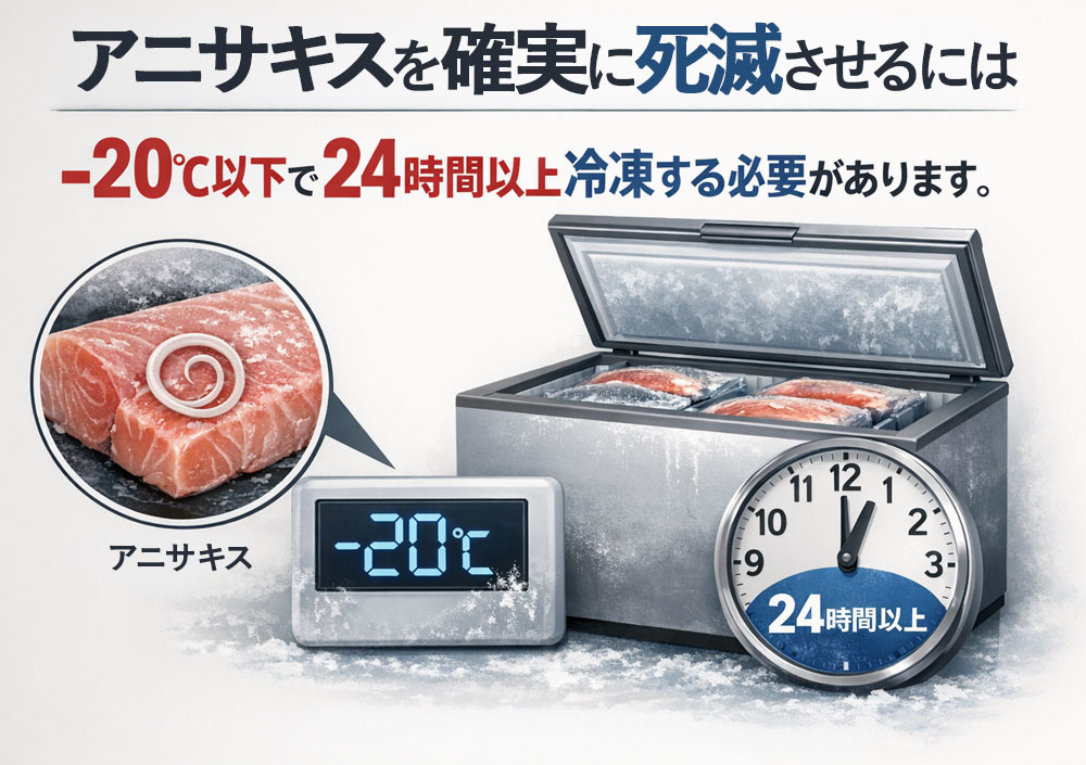 アニサキスを確実に死滅させるには、-20℃以下で24時間以上冷凍する必要があります。