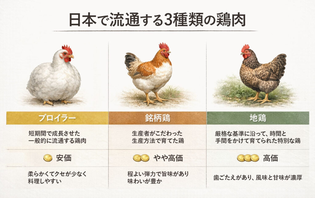 国内で流通している鶏肉には、「ブロイラー」「銘柄鶏」「地鶏」の3種類
