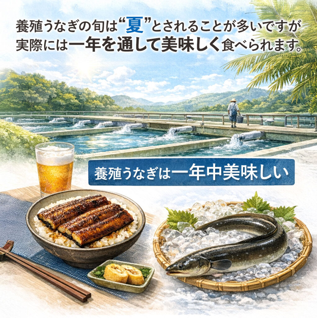 養殖うなぎの旬は“夏”とされることが多いですが、実際には一年を通して美味しく食べられます。