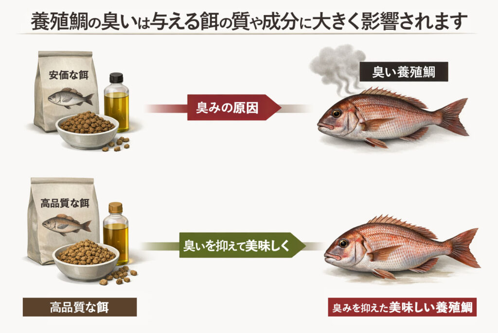 養殖鯛に与える餌と臭いの関係