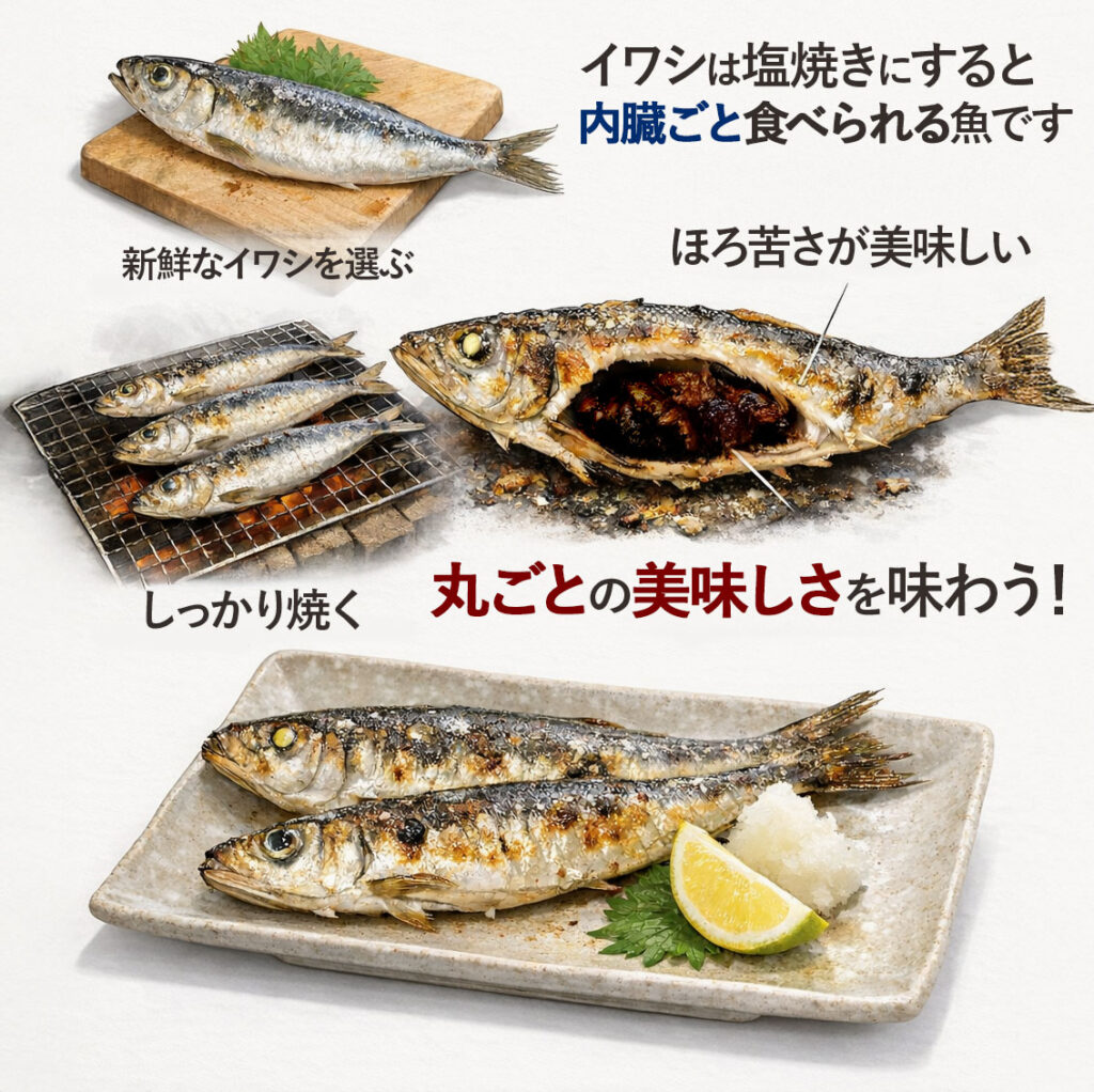 イワシは塩焼きにすると内臓ごと食べられる魚です。