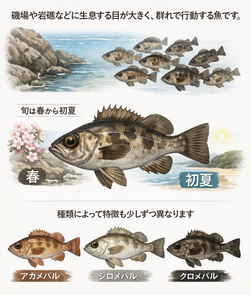 メバルは、磯場や岩礁などに生息する目が大きく、群れで行動する魚です。旬は春から初夏で、種類によって特徴も少しずつ異なります。