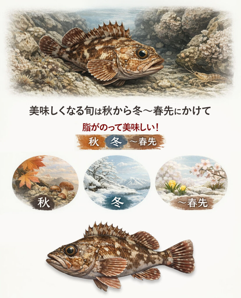 カサゴは海底の岩礁や岩の隙間に身を潜め、あまり動き回らずに獲物を待ち構える待ち伏せ型の魚です