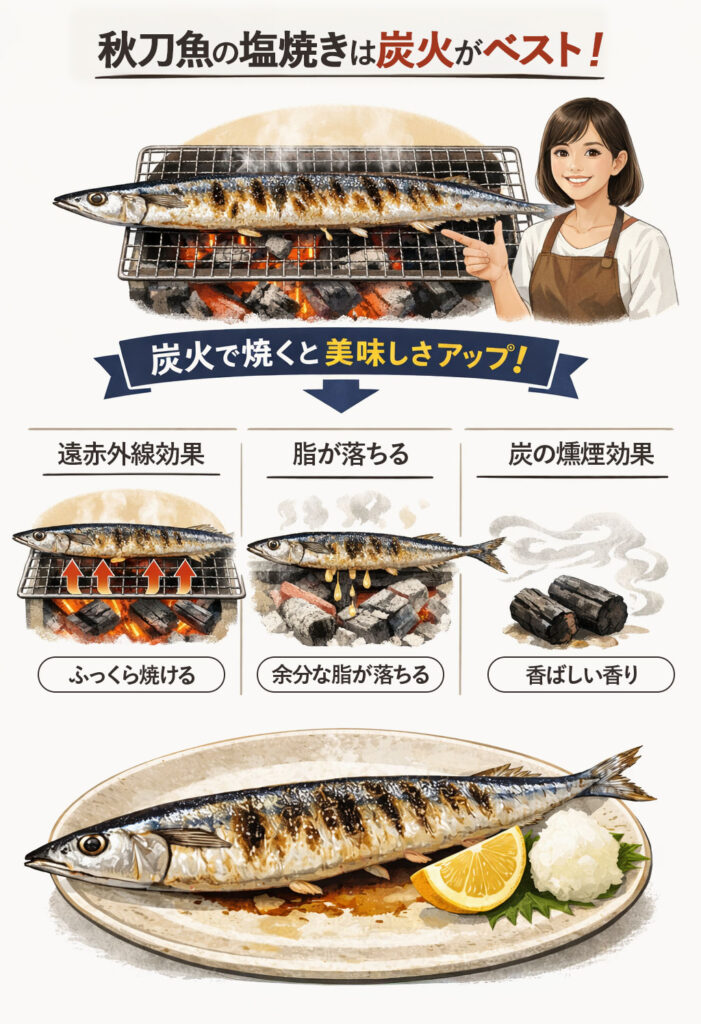 秋刀魚の塩焼きは炭火で焼くのがベスト！