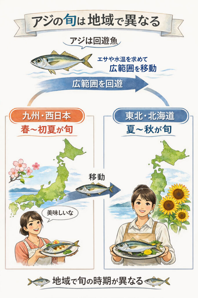 アジの旬は地域によって少しずつ異なります。