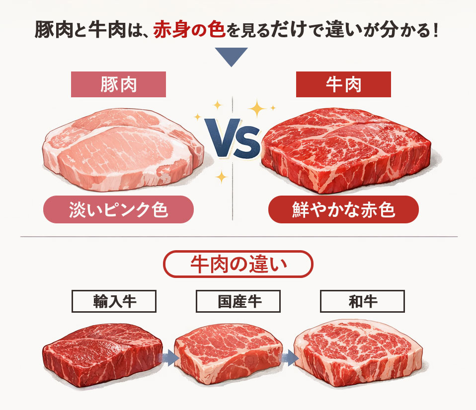 赤身と脂の「色」と「質感」は最初の判断材料