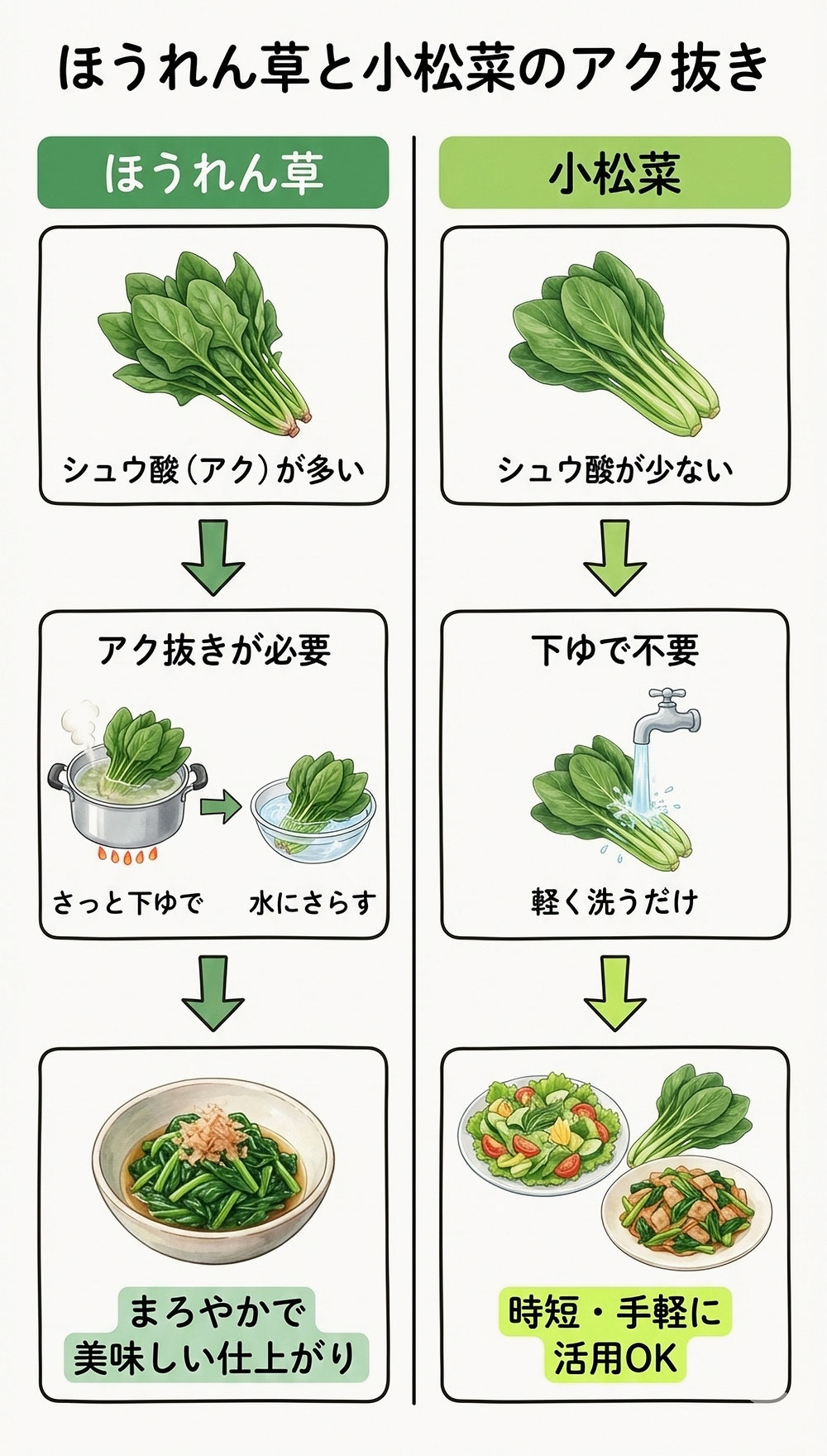 ほうれん草と小松菜の下処理（アク抜き等）
