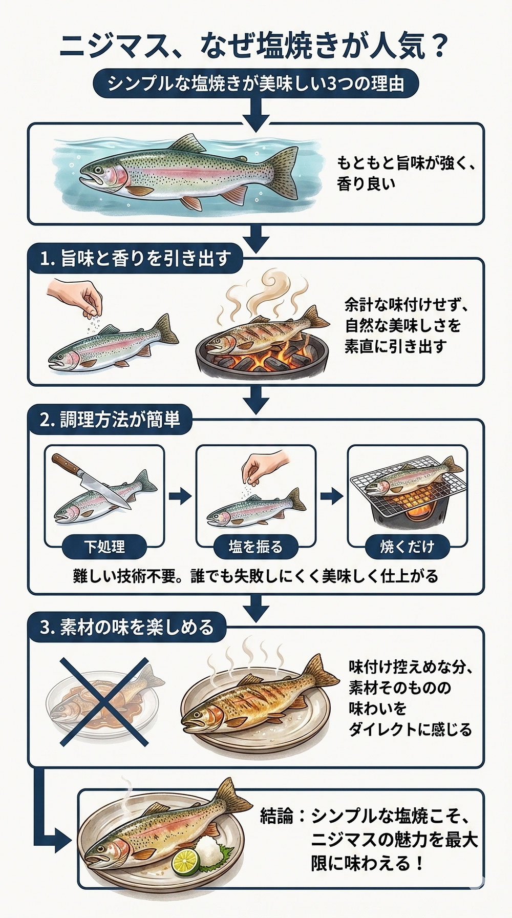ニジマスは様々な調理方法で美味しく味わうことができますが、 シンプルな塩焼きが特に人気です