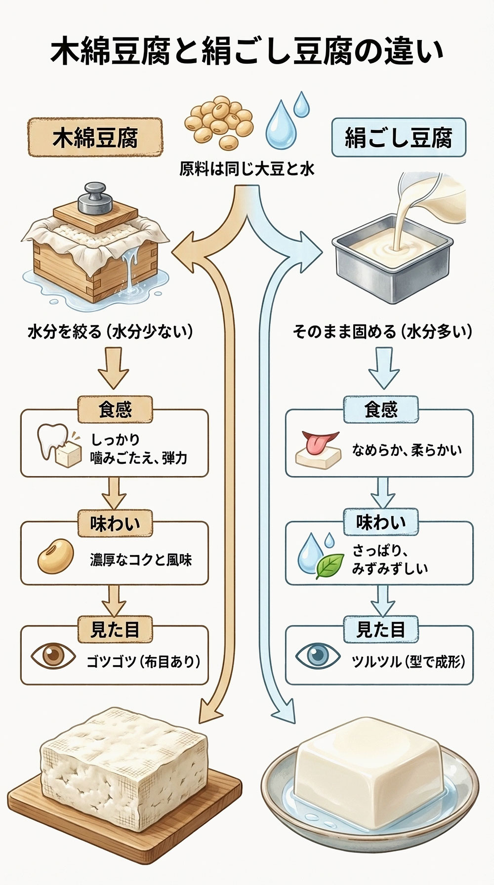 木綿豆腐と絹ごし豆腐の食感・味わい・見た目の違い