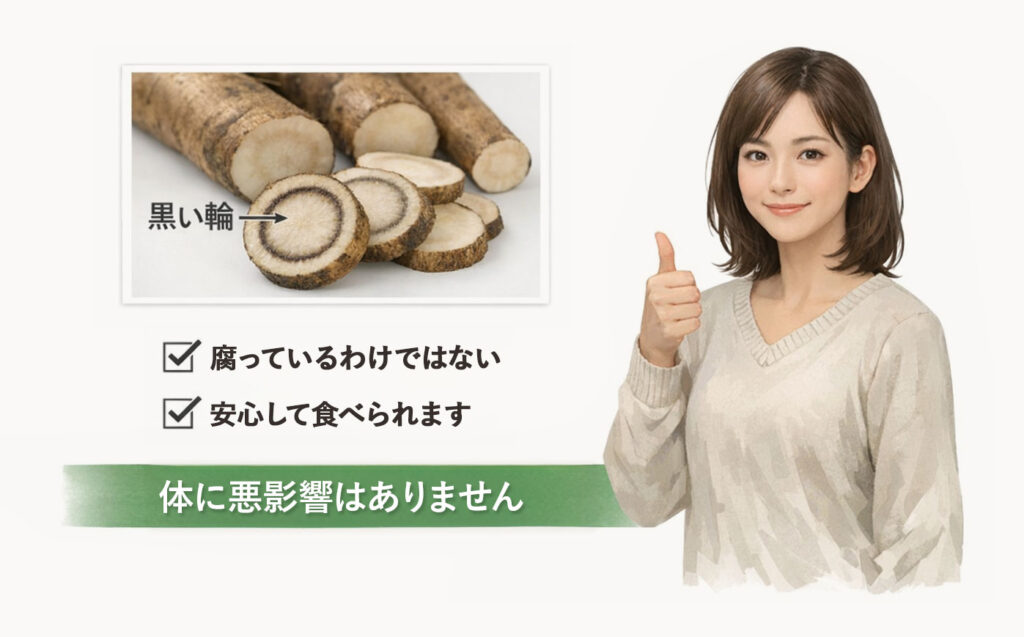 黒い輪の部分を食べても、基本的に体に悪影響はありません。黒い輪は酸化による変色であり、腐敗や有害な成分とは無関係ですので、安心して食べることができます。