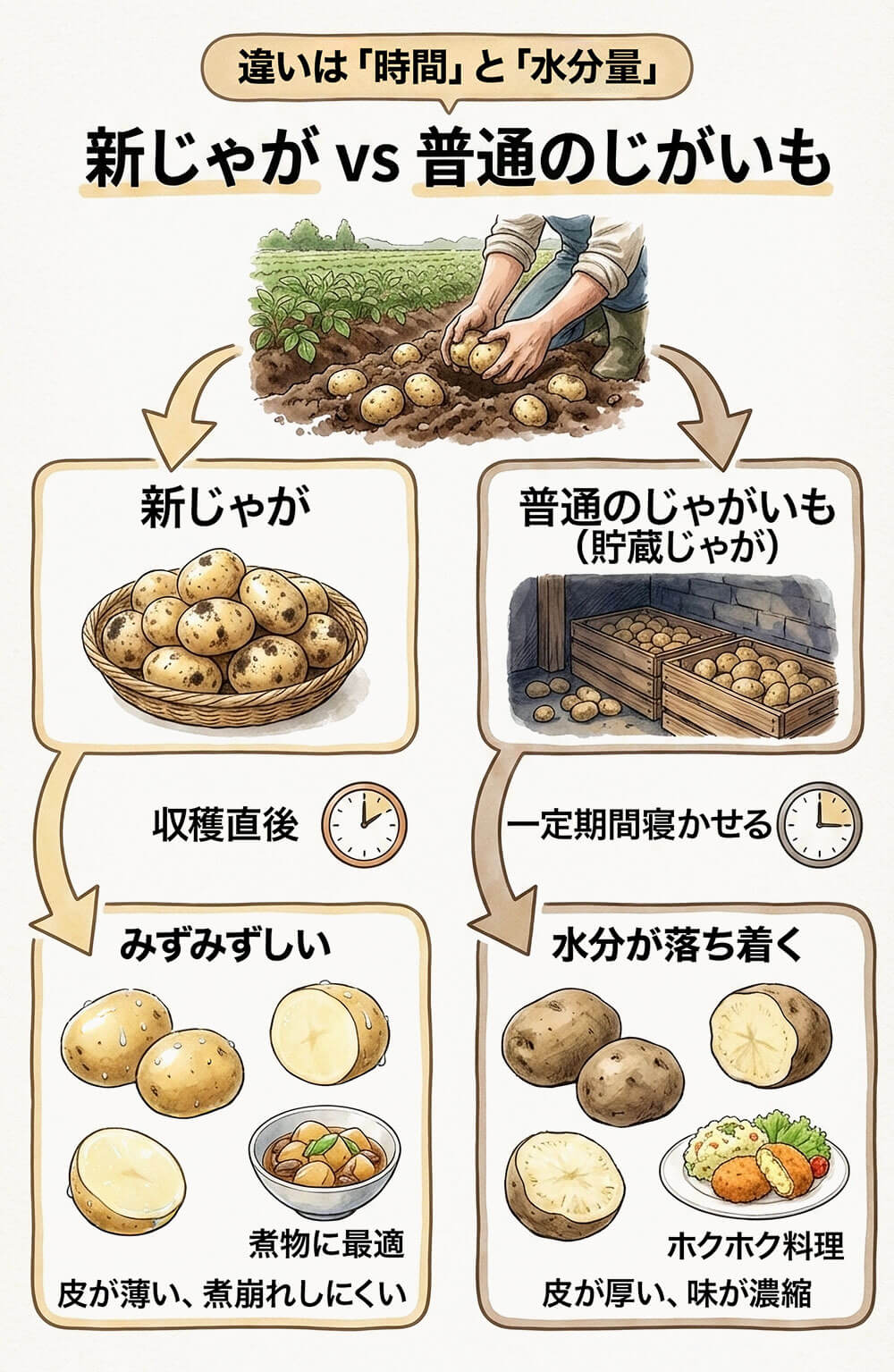 新じゃがと普通のじゃがいもの違いは、品種の違いではなく「収穫してからの時間」と「水分量」にあります。