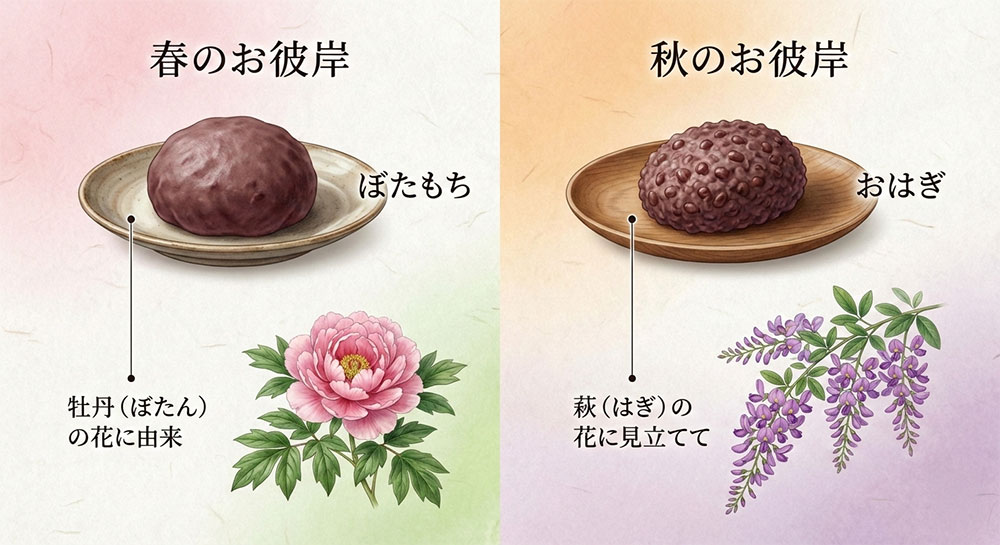 春のお彼岸に食べる「ぼたもち」、秋のお彼岸に食べる「おはぎ」あ