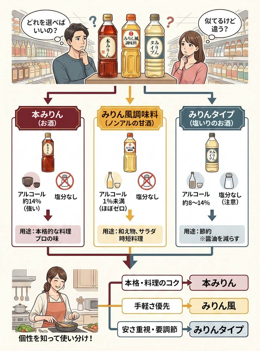「本みりん」「みりん風調味料」「みりんタイプ」