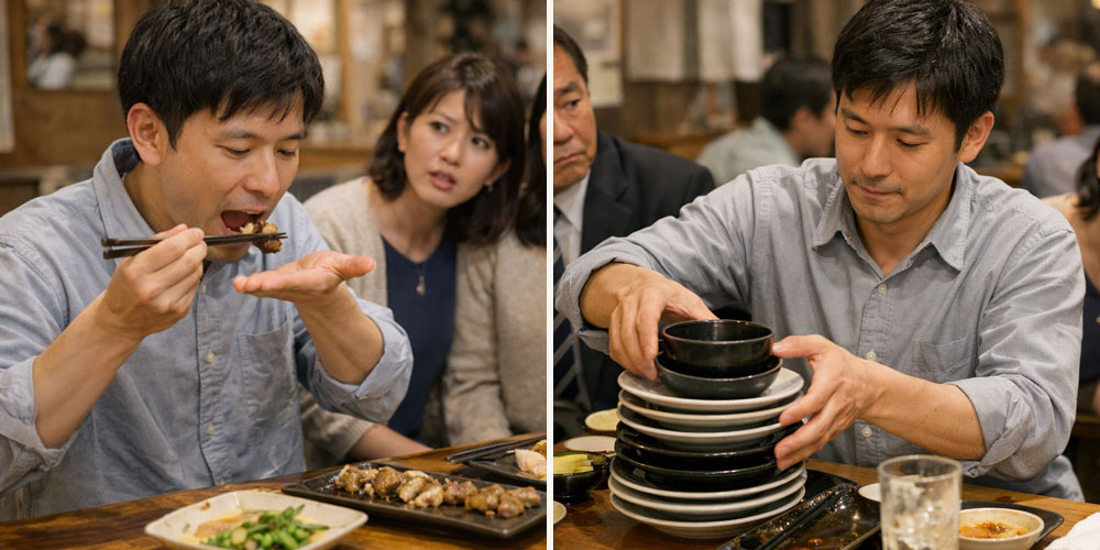 「手皿」や「食べ終わった皿を重ねる」は、気遣いのつもりでやっている人が多い行動