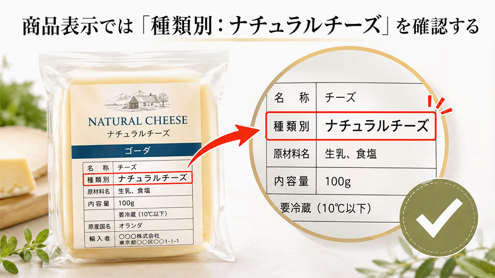 商品表示では「種類別：ナチュラルチーズ」を確認する