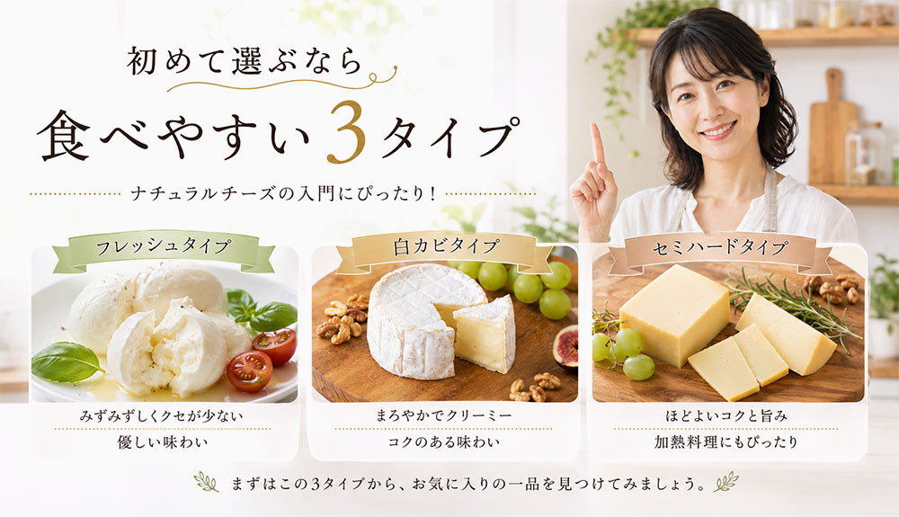 初心者におすすめの種類はフレッシュ・白カビ・セミハード