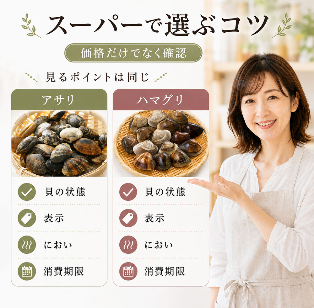スーパーでおいしいアサリとハマグリを選ぶコツ