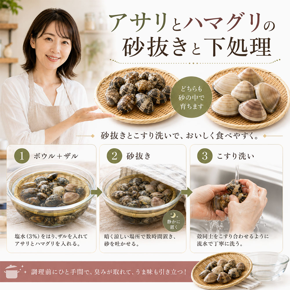 アサリとハマグリの砂抜きと下処理