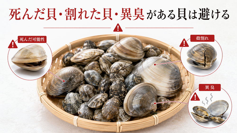 死んだ貝・割れた貝・異臭がある貝は避ける