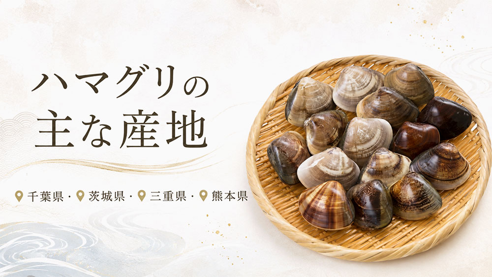 ハマグリの主な産地は、千葉県（九十九里浜）、茨城県（鹿島灘）、三重県（桑名）、熊本県（有明海沿岸）